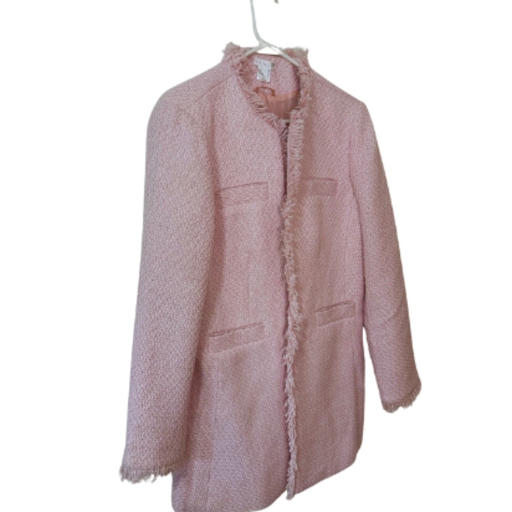 Venus Sz 10 Pale Pink Tweed Fringe 3 Hook & Eye At Top Lined Long Blazer Jacket